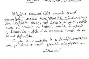 Rudele unui miner decedat, căutate prin ziar de Primăria Ostra