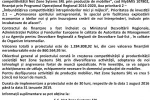 Anunt de presa: Lansarea proiectului Cresterea competitivitatii NET ZONE SYSTEMS SRL prin productie de mobilier