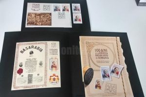 Iancu Flondor şi Ion Nistor, alături de Regele Ferdinand I, ilustrează emisiunea de mărci ...