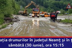 Situaţia drumurilor în judeţul Neamţ şi în ţară, sâmbătă (30 iunie), ora 15:15
