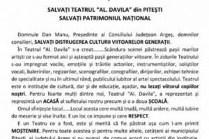 Petiţie online pentru salvarea Teatrului „Al Davila”