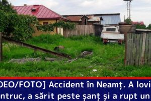 Accident în intersecţia de la Girov. A lovit un cimentruc, a sărit peste un şanţ şi a rupt un gard