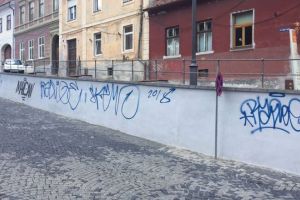 Video foto – Clădiri şi Ziduri din centrul istoric al Sibiului, vandalizate joi noapte