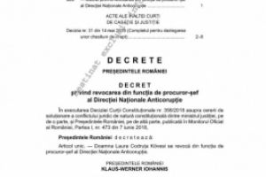 Decretul de revocare a şefei DNA, Laura Codruţa Kovesi, publicat în Monitorul Oficial