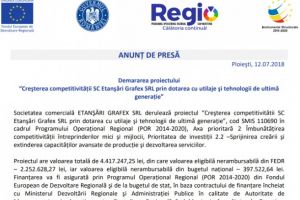 ETANŞĂRI GRAFEX SRL derulează proiectul “Creşterea competitivitătii SC Etanşări Grafex SRL prin dotarea cu utilaje şi tehnologii de ultimă generaţie”