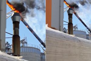 FOTO: Incendiu la firma Holzindustrie Schweighofer Sebeş – A luat foc un elevator