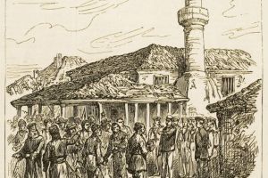 English officers of HMS Rapid Keeping order at Kustendje. Desen de Schonberg