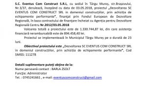 Anunţ începere proiect „Dezvoltarea SC EVENTUS COM CONSTRUCT SRL