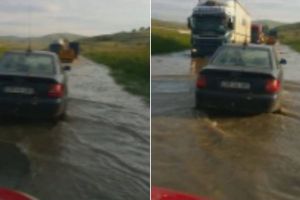 VIDEO. Inundaţii pe DN 1, între Aiud şi Turda, la Stejeriş: Apa de pe carosabil avea zeci de centimetri