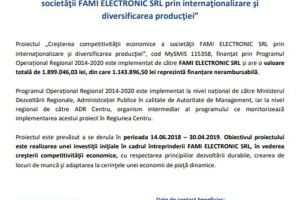Anunţ începere proiect „Creşterea competitivităţii economice a societăţii FAMI ELECTRONIC SRL prin internaţionalizare şi diversificarea producţiei”