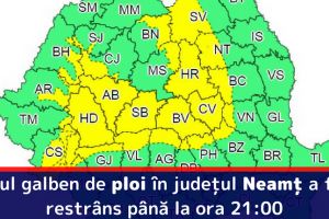 Codul galben de ploi în judeţul Neamţ a fost restrâns până la ora 21:00