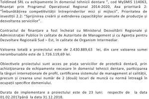 Anunt de presa: Lansarea proiectului Dotarea ﬁrmei Toldimed SRL cu echipamente in domeniul tehnicii dentare