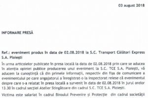 Ce spune ITM Prahova despre accidentul de munca de la TCE, in urma caruia un angajat a ramas fara un deget si cu o plaga in piept