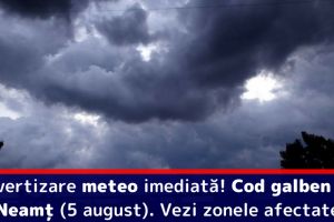Avertizare meteo imediată! Cod galben în Neamţ (5 august). Vezi zonele afectate