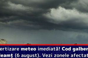 Avertizare meteo imediată! Cod galben în Neamţ (6 august). Vezi zonele afectate