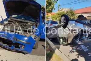 Imagini de la eveniment. Accident rutier spectaculos la intersectia strazilor Maramuresului cu Fagetului din Constanta. O masina s-a rasturnat dupa impact