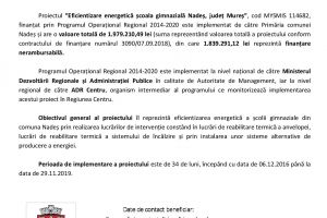 LANSARE PROIECT „EFICIENTIZARE ENERGETICĂ ȘCOALA GIMNAZIALĂ NADEȘ, JUDEȚ MUREȘ”
