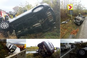 FOTO. Accident MORTAL în judeţul Mureş: Două maşini s-au răsturnat după o coliziune cu un TIR. Bilanţul, un mort şi trei răniţi