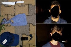 FOTO: Doi tineri, dintre care unul cu cagulă improvizată şi cuţit, prinşi de jandarmi în curtea unei case pentru vârstnici din Alba Iulia