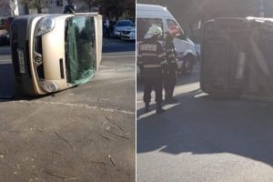 Accident in Ploiesti, pe str. Domnisori. Microbuz, rasturnat in urma impactului cu o alta masina