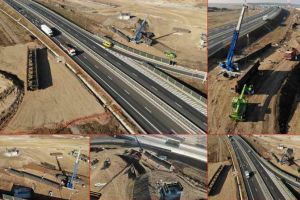 VIDEO. Autostrada Sebeş-Turda: Lucrări la structura unui pod de grinzi metalice care va fi montat peste A1, la Sebeş