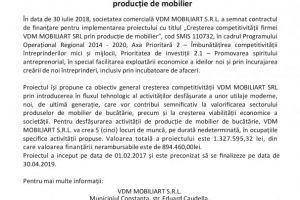 Anunt de presa: Cresterea competitivitatii ﬁrmei VDM MOBILIART SRL prin productie de mobilier 