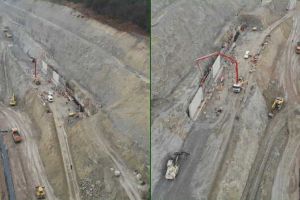 VIDEO: Pe Autostrada A1, Lotul 4, Lugoj – Deva, ”chinezii” de la UMB lucrau pe ploaie în ”Dealul Liliecilor”