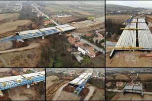 VIDEO| Autostrada Sebeş-Turda, lotul 1: Pe o ploaie sâcâitoare, astăzi, la mini-viaductul de la Oarda, a fost montată ultima grindă