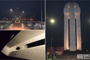 FOTO. Podul şi Monumentul Unirii, finalizate în proporţie de aproape 100%, iluminate pe timp de noapte
