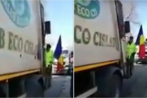 VIDEO. Paradă cu maşini de colectat gunoi şi steaguri tricolore, de Ziua Naţională, într-un oraş cu România