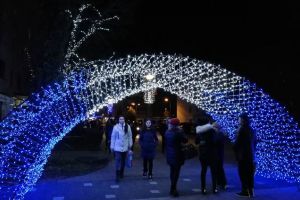 FOTO. S-a aprins iluminatul festiv de Crăciun în oraşul Cugir: Pod de lumini şi brad natural, cu sute de luminiţe