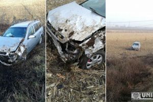 FOTO, ȘTIREA TA. Accident în zona Vinţu de Jos: O maşină a derapat şi s-a rostogolit pe terenul agricol