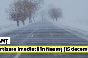 METEO: Avertizare imediată în judeţul Neamţ (15 decembrie). Viscol puternic în zona de munte