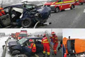 FOTO: ACCIDENT pe DN1, la Sibiu. 16 persoane implicate, după ce două maşini şi două microbuze s-au ciocnit