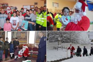 FOTO: Poliţiştii din Alba, însoţiţi de Moş Crăciun şi spiriduşi, au dus daruri copiilor din două case de tip familial