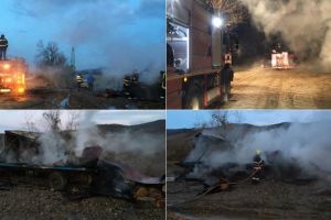 FOTO. O remorcă a fost cuprinsă de flăcări la Șibot, judeţul Alba