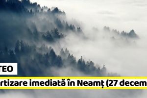 METEO: Avertizare imediată în judeţul Neamţ (27 decembrie). Intensificări ale vântului la munte