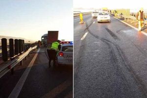 FOTO: ACCIDENT rutier pe autostrada A1 Sibiu-Deva. Un autotren a lovit parapetul median şi a rămas imobilizat pe carosabil