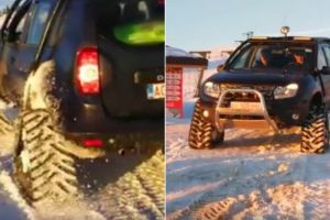 FOTO | VIDEO / Modelul Dacia Duster echipat cu şenile, demonstraţie în zăpadă. Au participat reprezentanţi ai CNAIR, ISU, Jandarmeriei şi Salvamont