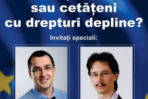 Judecătorul Cristi Danileţ şi fostul ministru tehnocrat al Sănătăţii, Vlad Voiculescu, la o dezbatere organizată de Oradea Civică