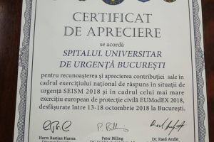 Spitalul Universitar de Urgenţă Bucureşti, diplomă de recunoaştere pentru contribuţia la exerciţiul SEISM 2018