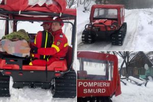 FOTO/ VIDEO: Intervenţie a pompierilor din Alba într-un sat din Sohodol, cu o şenilată, pentru salvarea unei femei cu accident vascular cerebral