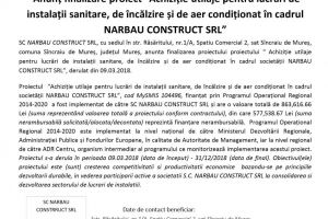 Anunţ finalizare proiect ”Achiziţie utilaje pentru lucrări de instalaţii sanitare, de încălzire şi de aer condiţionat în cadrul NARBAU CONSTRUCT SRL”
