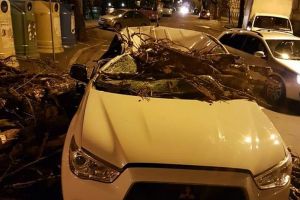 Vântul a făcut pagube la Oradea: Maşini distruse de copaci doborâţi de vijelie şi de bucăţi de construcţie desprinse dintr-o clădire, pe strada Republicii (FOTO)