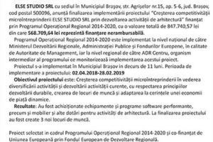 Finalizarea implementării proiectului „Creşterea competitivităţii microîntreprinderii ELSE STUDIO SRL prin dezvoltarea activităţii de arhitectură”, SMIS 112542