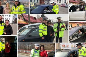 FOTO: Flori şi urări pentru doamne şi domnişoare, de la poliţişti, de 8 Martie