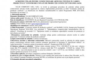 ANUNȚ DE PARTICIPARE LA PROCEDURA COMPETITIVA ACHIZIȚIE UTILAJE PENTRU CONFECȚIONARE ARTICOLE TEXTILE IN CADRUL PROIECTULUI CONSTRUIRE UNITATE DE PRODUCȚIE CONFECȚII