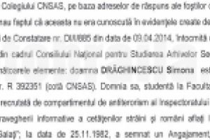 DOVADA / CNSAS confirma ca Simona Draghincescu a avut nume conspirativ  “IOANA”
