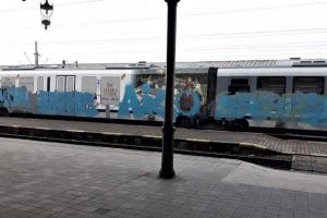 Trenul Suceava – Putna, mâzgălit dintr-un capăt în altul cu un spray de culoare albastră