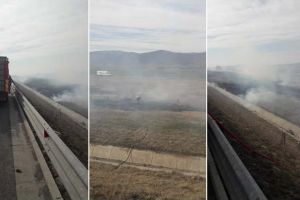 FOTO: INCENDIU de vegetaţie uscată la km 327 de pe autostrada A1. Intervin pompierii